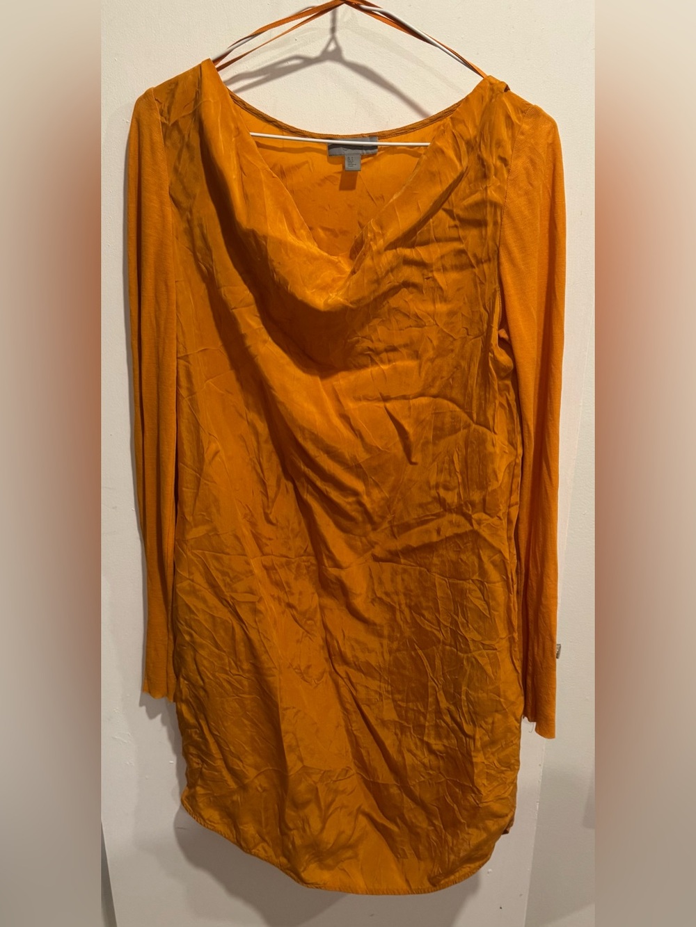 COS silky cotton mustard orange day dress mini tunic pockets sleeves office cowl
